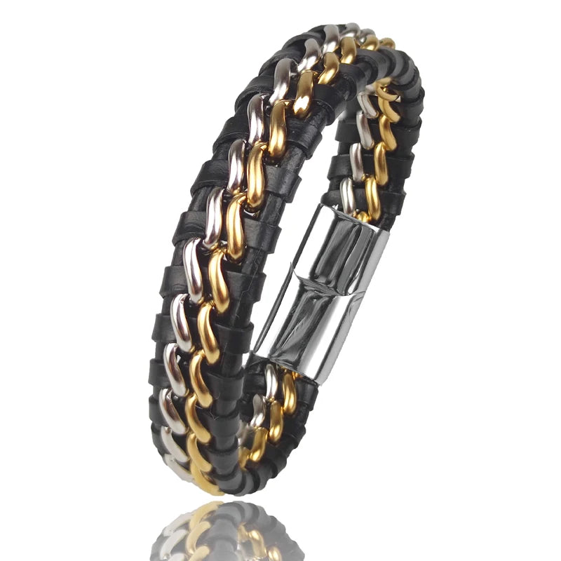 Genuine Leather Bracelet with Gold Magnetic Clasp