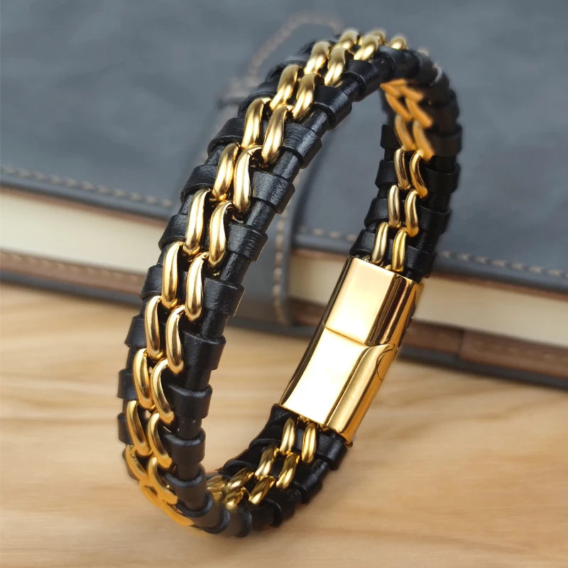 Genuine Leather Bracelet with Gold Magnetic Clasp