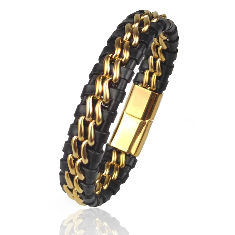 Genuine Leather Bracelet with Gold Magnetic Clasp