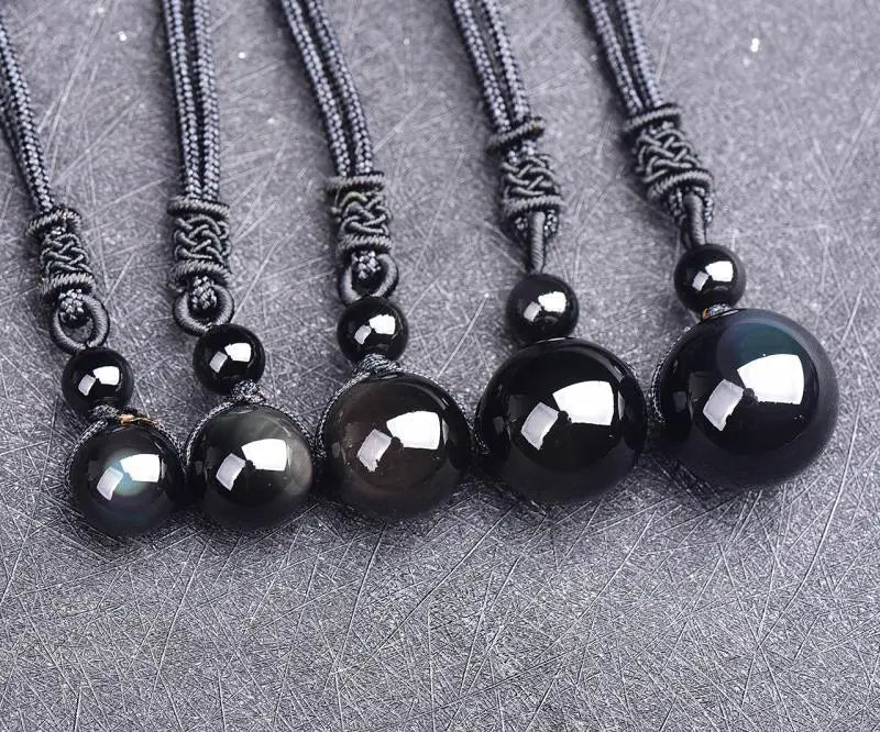 Black Obsidian Rainbow Eye Beads Ball Natural Stone Pendant Transfer Good Luck Love Crystal Jewelry Free Rope For Women and Men