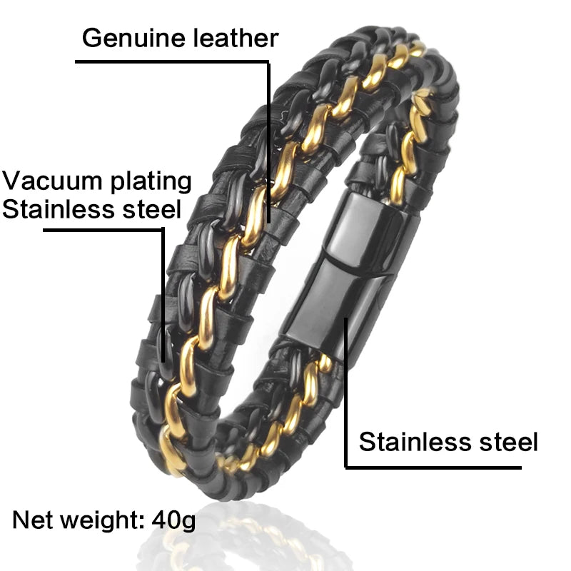 Genuine Leather Bracelet with Gold Magnetic Clasp