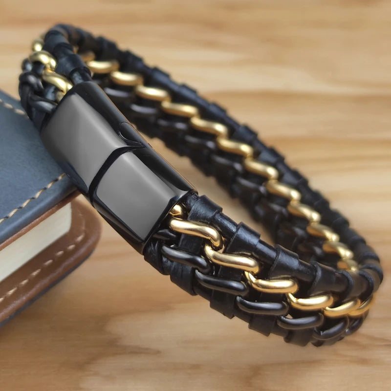 Genuine Leather Bracelet with Gold Magnetic Clasp