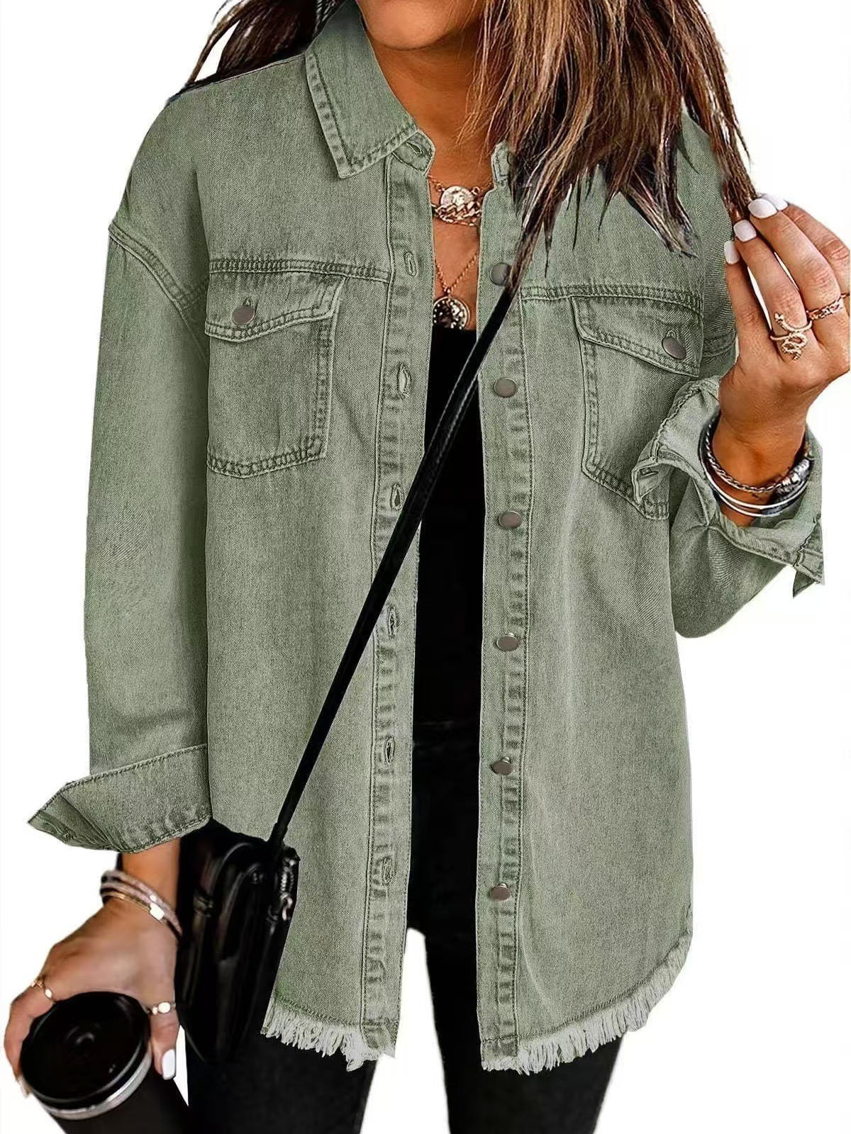 Cross-border New Washed Denim Shirt Jacket 2024 European and American Women's Autumn and Winter Distinctive Street Style Edge Hem Jacket