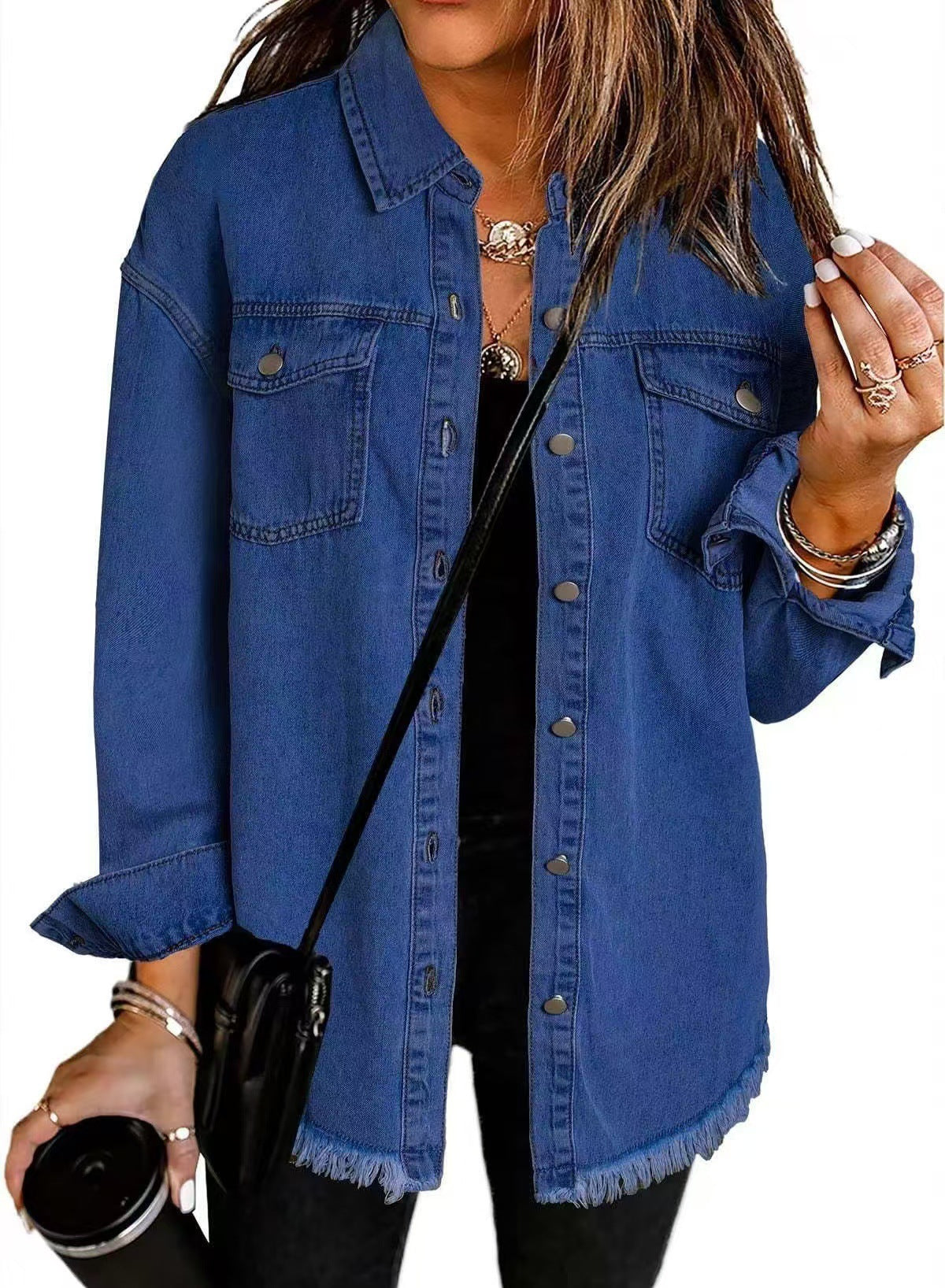 Cross-border New Washed Denim Shirt Jacket 2024 European and American Women's Autumn and Winter Distinctive Street Style Edge Hem Jacket