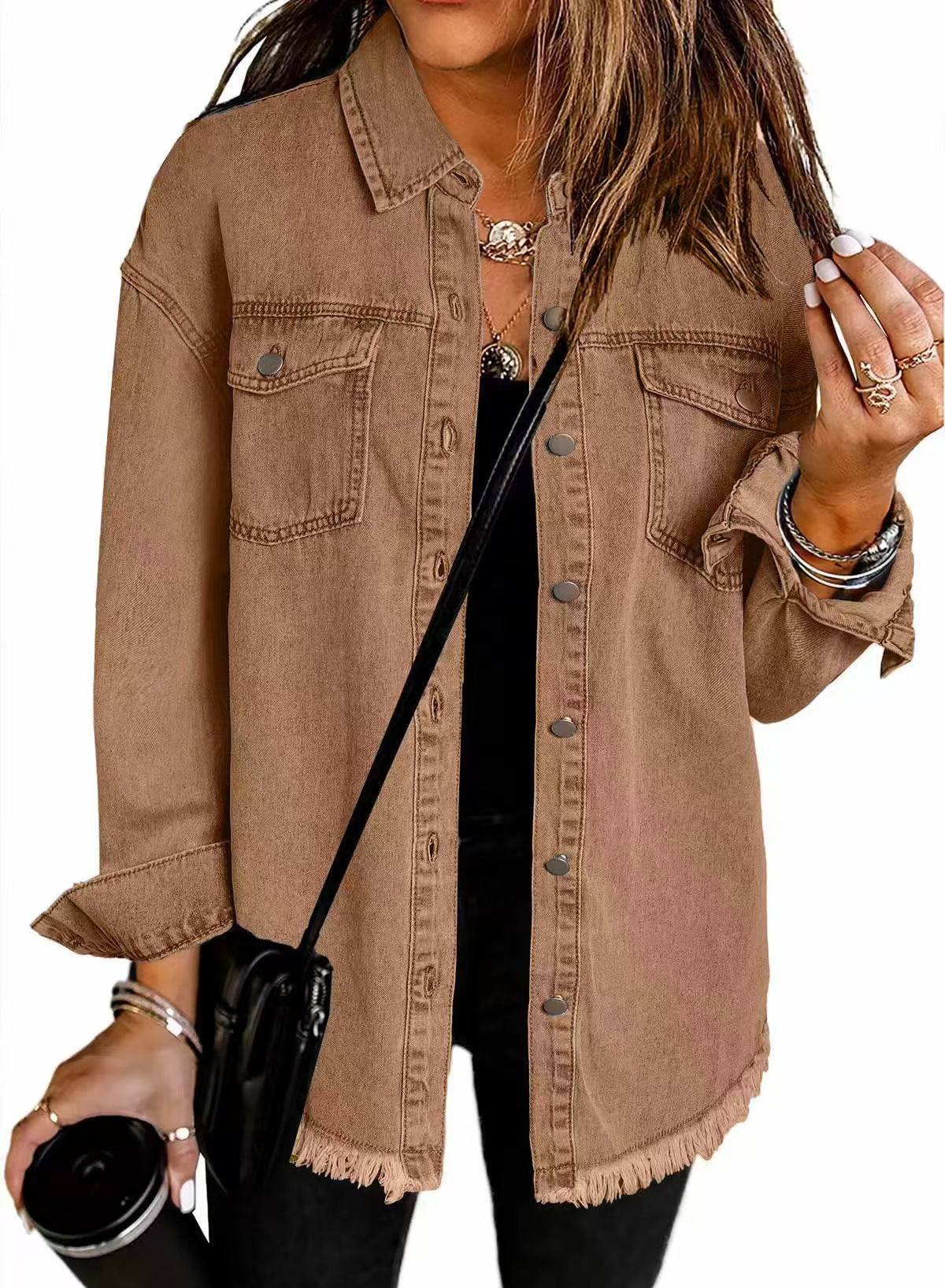 Cross-border New Washed Denim Shirt Jacket 2024 European and American Women's Autumn and Winter Distinctive Street Style Edge Hem Jacket