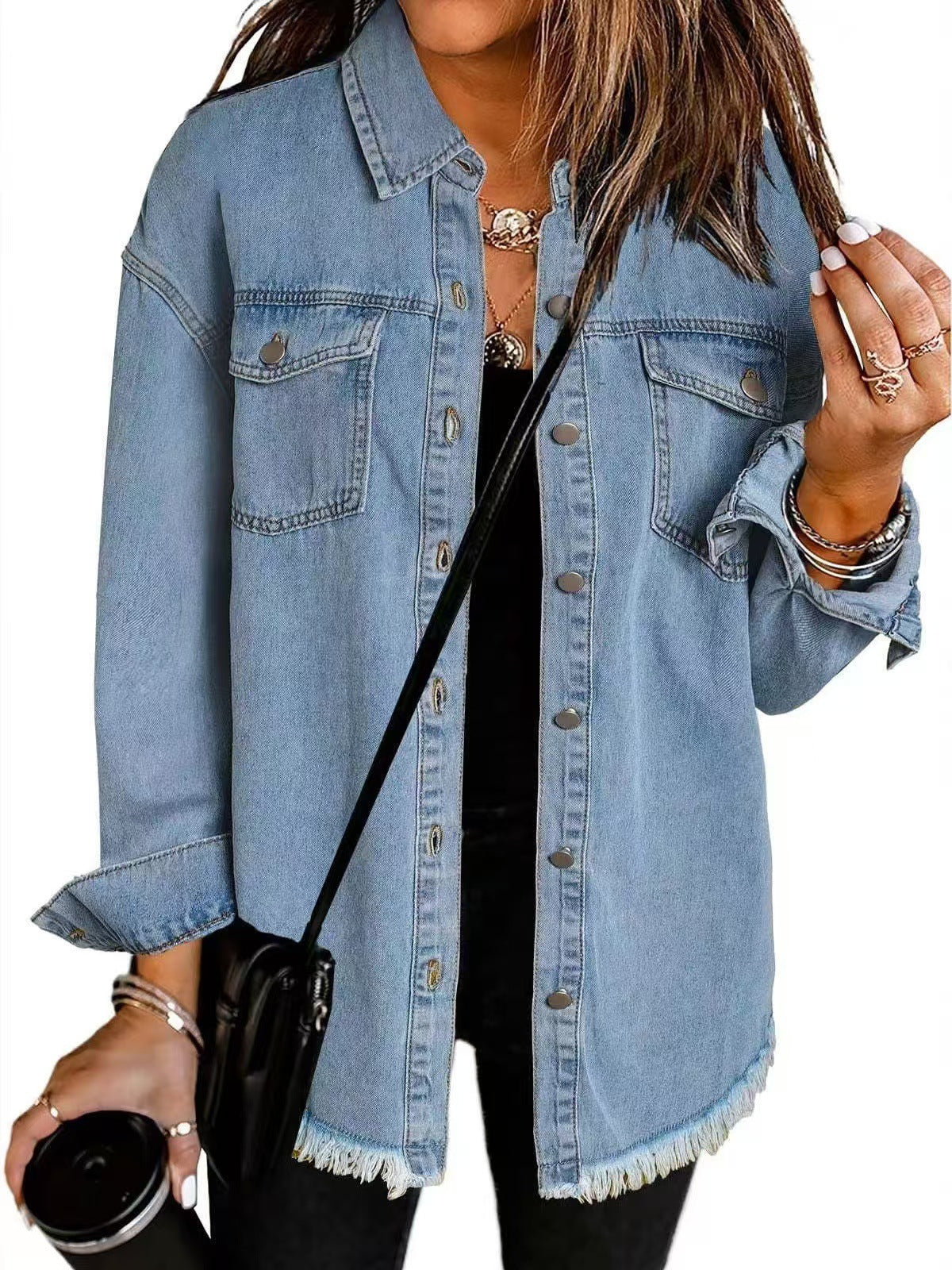 Cross-border New Washed Denim Shirt Jacket 2024 European and American Women's Autumn and Winter Distinctive Street Style Edge Hem Jacket