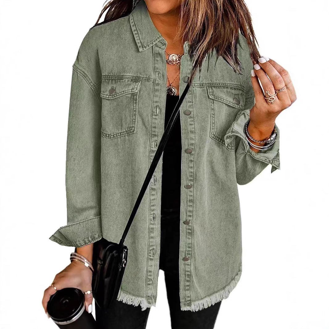 Cross-border New Washed Denim Shirt Jacket 2024 European and American Women's Autumn and Winter Distinctive Street Style Edge Hem Jacket