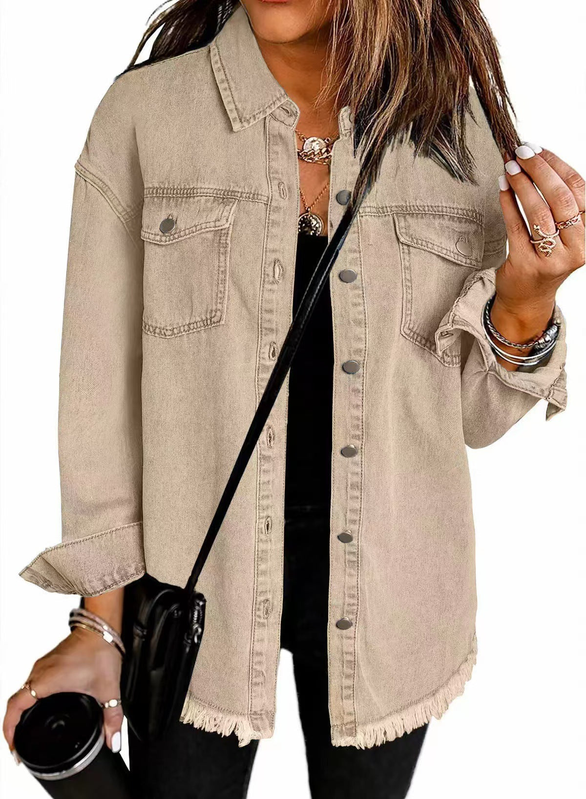 Cross-border New Washed Denim Shirt Jacket 2024 European and American Women's Autumn and Winter Distinctive Street Style Edge Hem Jacket