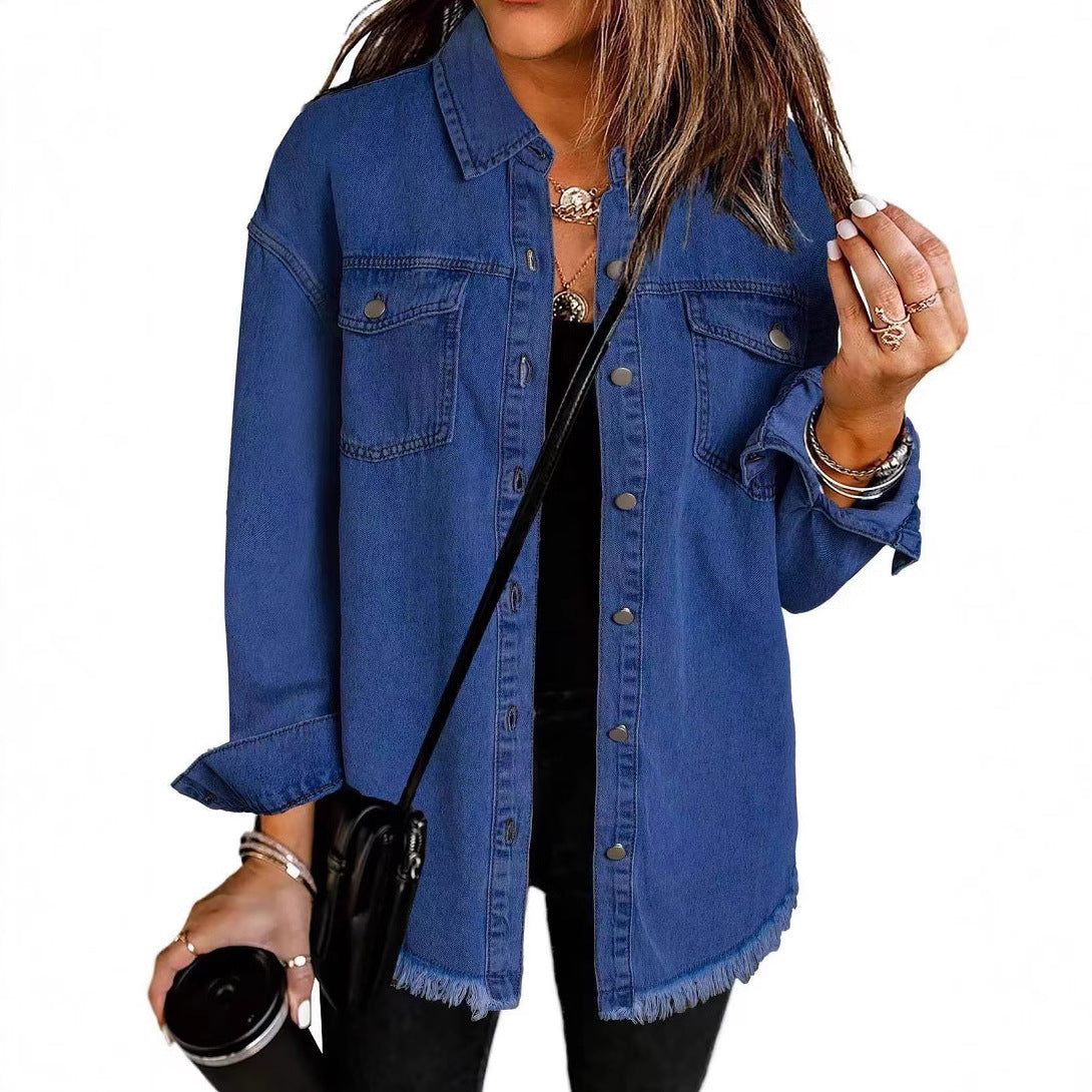 Cross-border New Washed Denim Shirt Jacket 2024 European and American Women's Autumn and Winter Distinctive Street Style Edge Hem Jacket