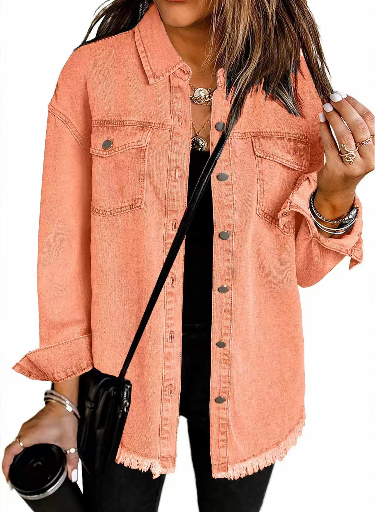 Cross-border New Washed Denim Shirt Jacket 2024 European and American Women's Autumn and Winter Distinctive Street Style Edge Hem Jacket