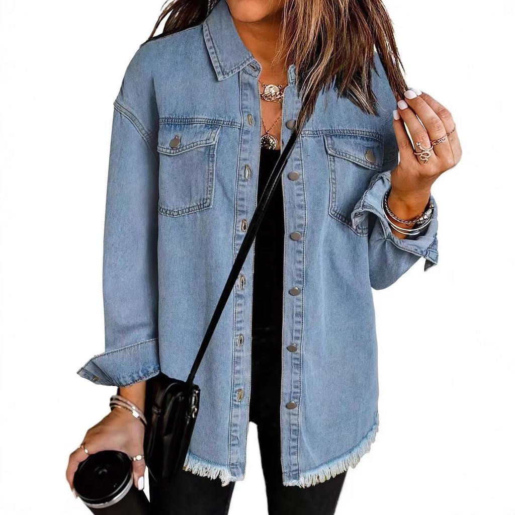 Cross-border New Washed Denim Shirt Jacket 2024 European and American Women's Autumn and Winter Distinctive Street Style Edge Hem Jacket