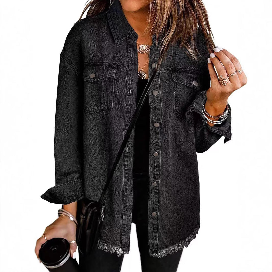 Cross-border New Washed Denim Shirt Jacket 2024 European and American Women's Autumn and Winter Distinctive Street Style Edge Hem Jacket