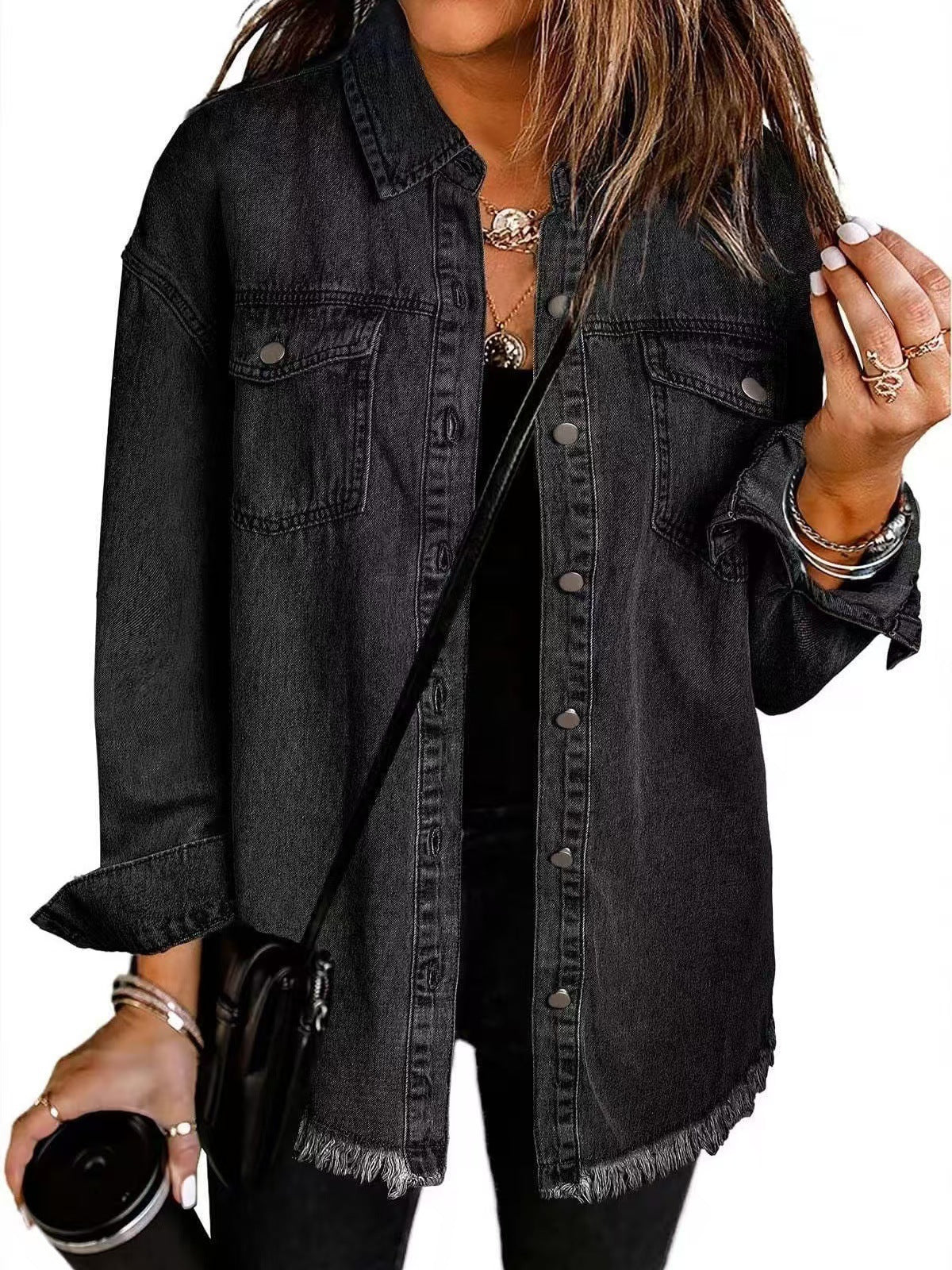 Cross-border New Washed Denim Shirt Jacket 2024 European and American Women's Autumn and Winter Distinctive Street Style Edge Hem Jacket