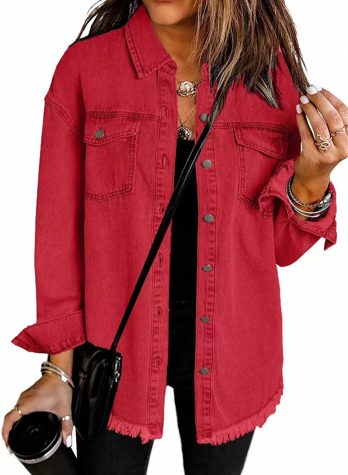 Cross-border New Washed Denim Shirt Jacket 2024 European and American Women's Autumn and Winter Distinctive Street Style Edge Hem Jacket