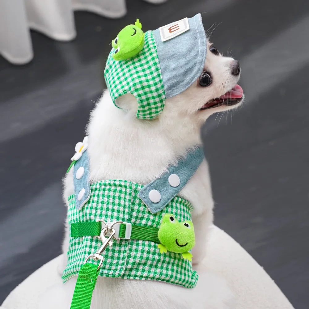 Cartoon Pet Harness Leash Sun Hat Set Cute Kitten Puppy Costume Cat Small Dogs Vest Harness Rope Cap 3pcs Outdoor Pet Supplies