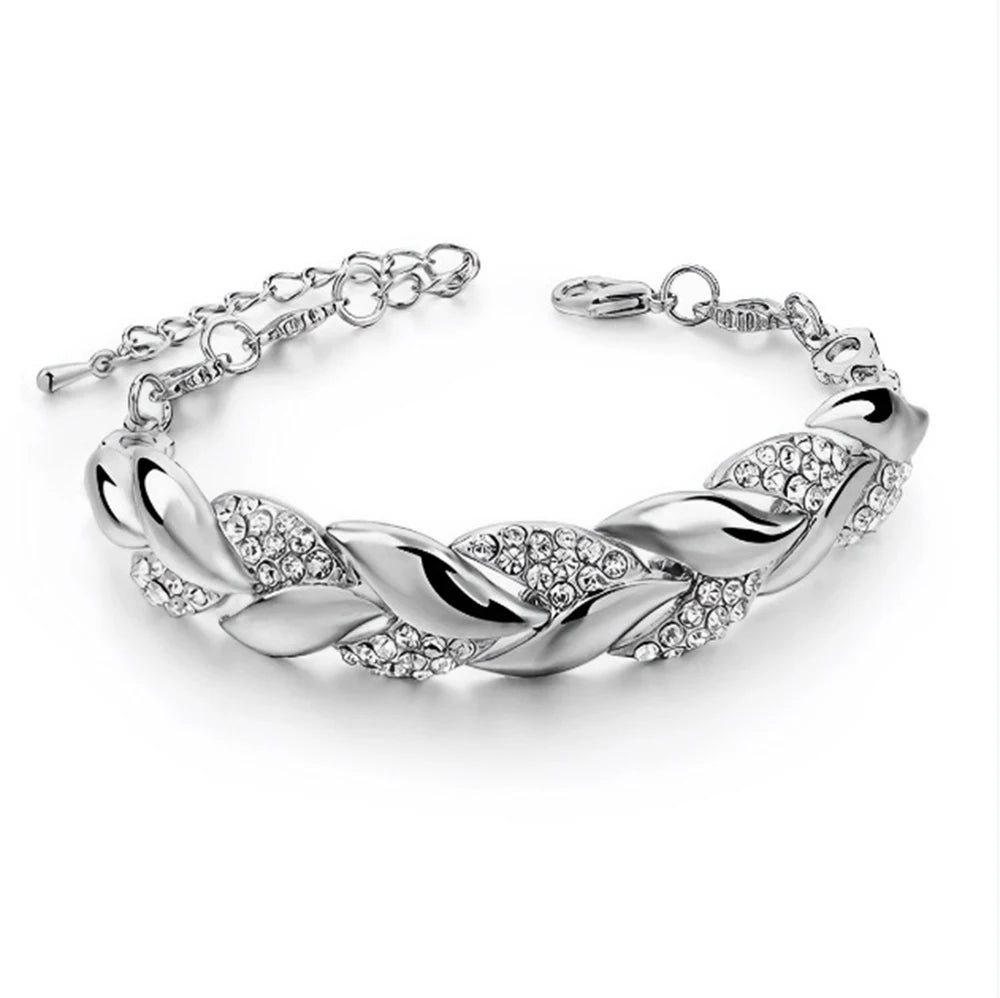 Braided Leaf Bracelet with Crystal Charm