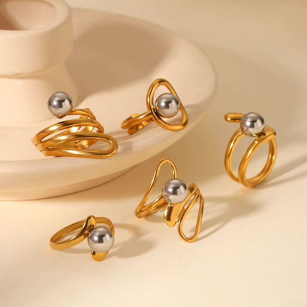 Bague Boule Acier Ligne Irrégulière Femme