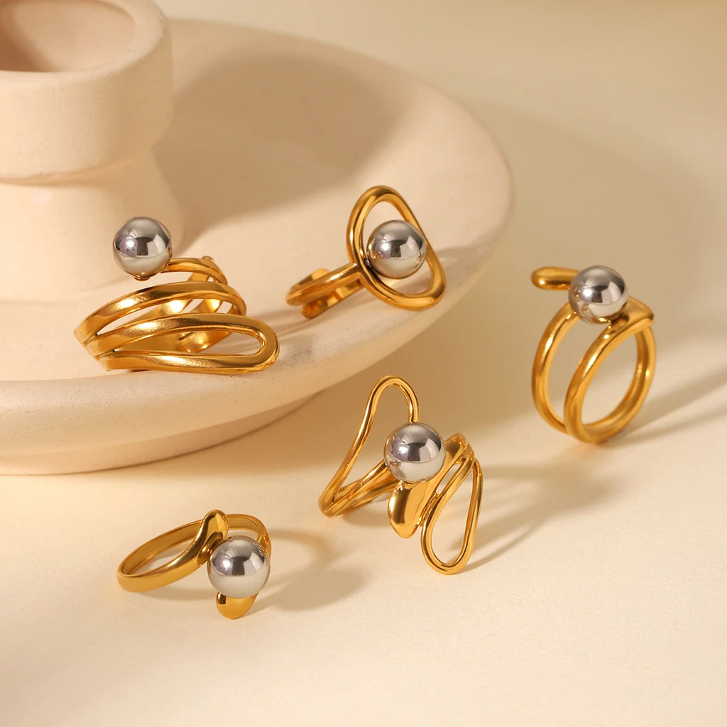 Huangchao Steel Ball Irregular Line Open Ring for Women, Stainless Steel Plated 18K Gold Rings Fashion Jewelry Accessories