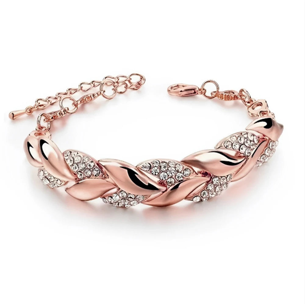 Braided Leaf Bracelet with Crystal Charm