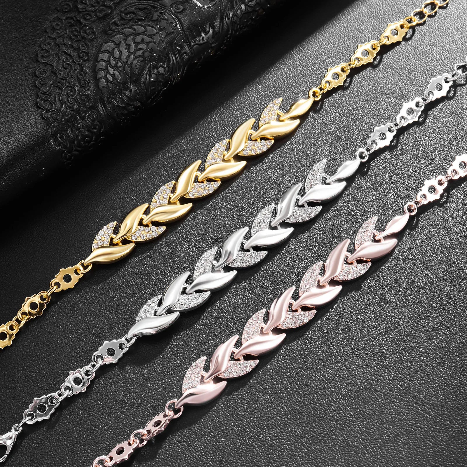 Braided Leaf Bracelet with Crystal Charm