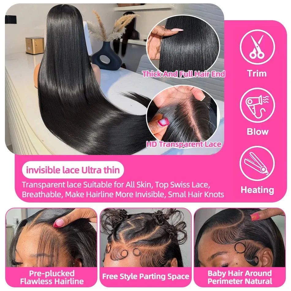 13x6 Lace Front Wigs Human Hair Pre Plucked Straight Human Hair Wig 200% Density HD Lace Frontal Wigs for Women Natural Black