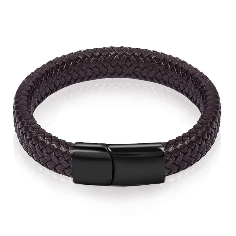 Men's Braided Leather Bracelet with Steel Clasp