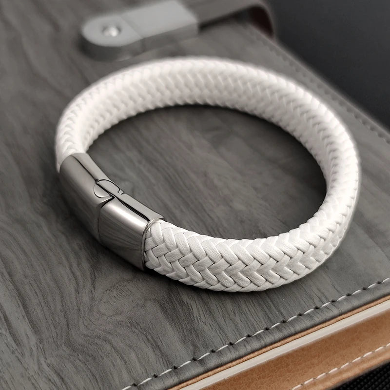 Men's Braided Leather Bracelet with Steel Clasp