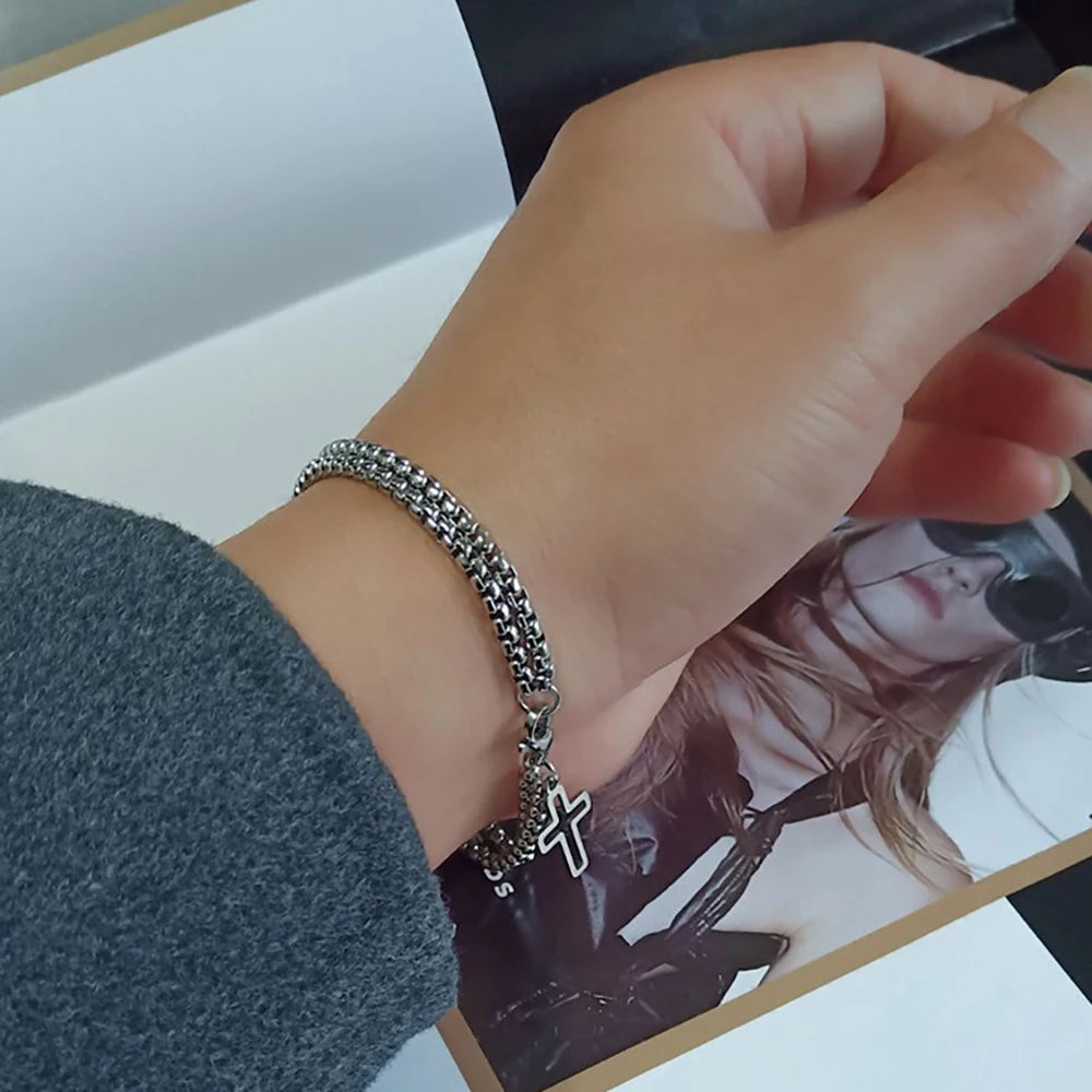 Silver Double-Chain Cross Bracelet