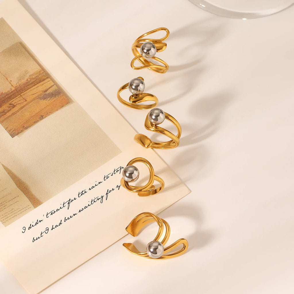 Huangchao Steel Ball Irregular Line Open Ring for Women, Stainless Steel Plated 18K Gold Rings Fashion Jewelry Accessories
