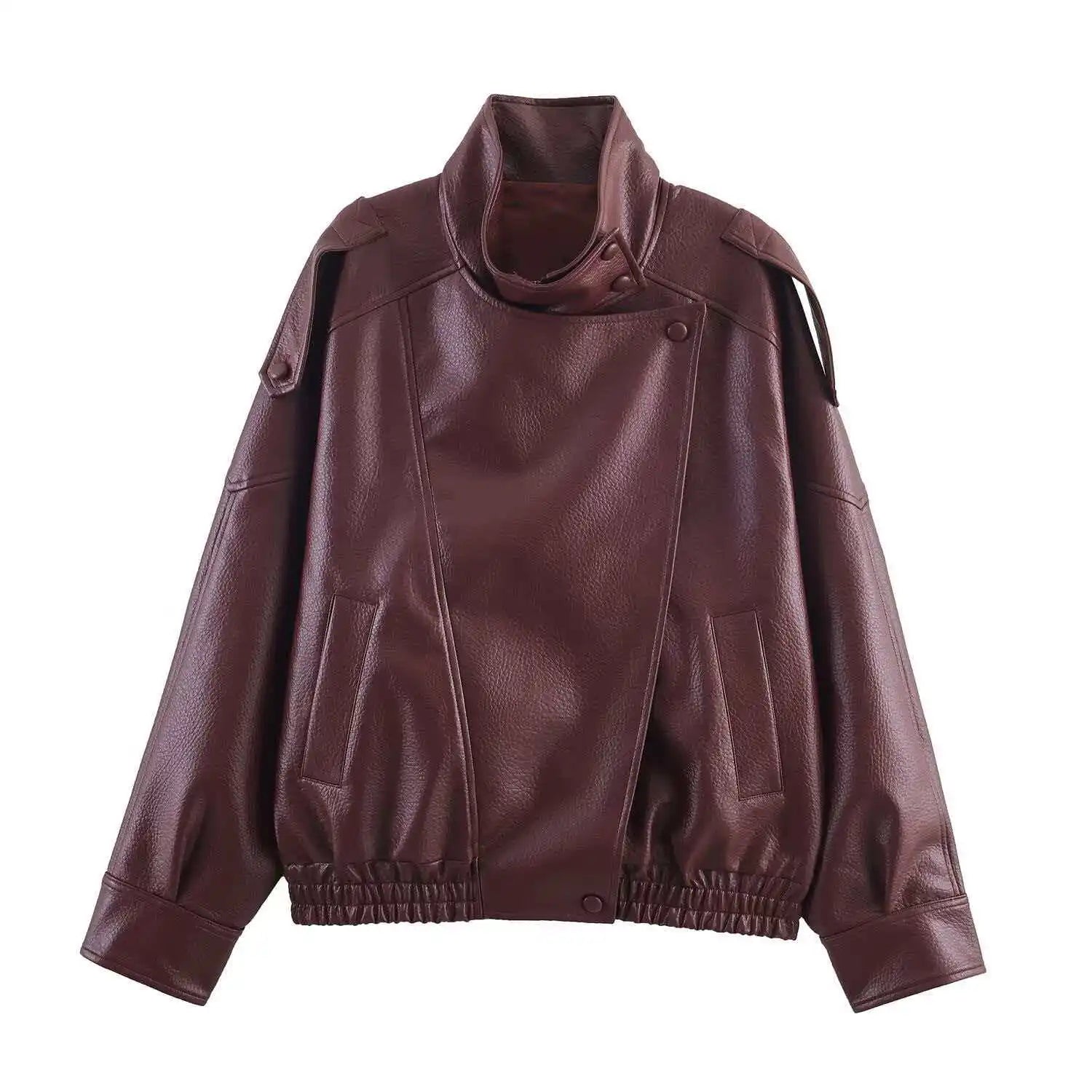 KONDALA Casual Chic Black Leather Jackets Women Long Sleeve Buttons Elastic Oversized Coats Fashion 2026 Spring Streetwear Coats