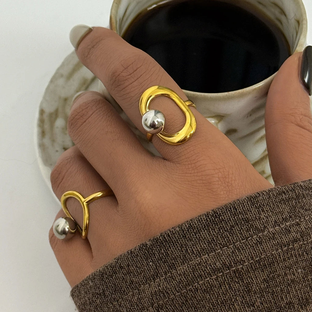 Minimalist Geometric Hollow Shape Design Stainless Steel Rings 18K Gold Plated Waterproof Quality Jewelry For Daily Vacation Etc