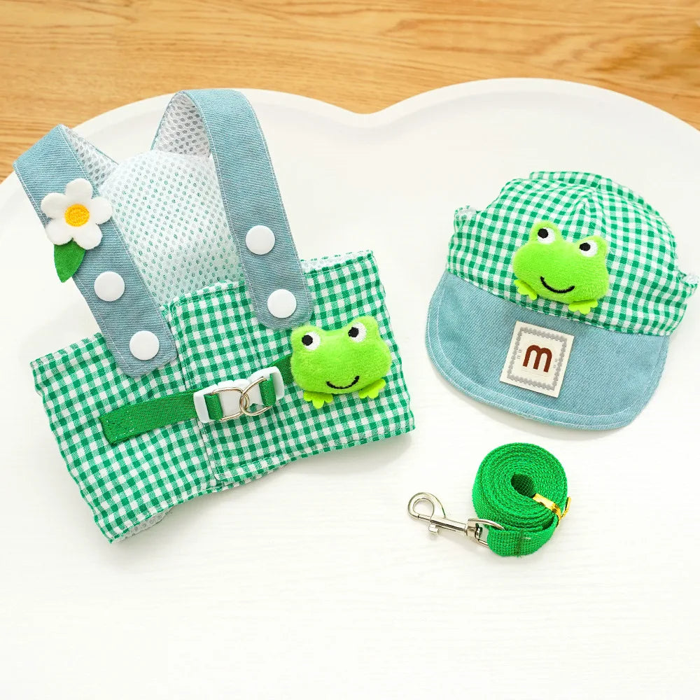 Cartoon Pet Harness Leash Sun Hat Set Cute Kitten Puppy Costume Cat Small Dogs Vest Harness Rope Cap 3pcs Outdoor Pet Supplies